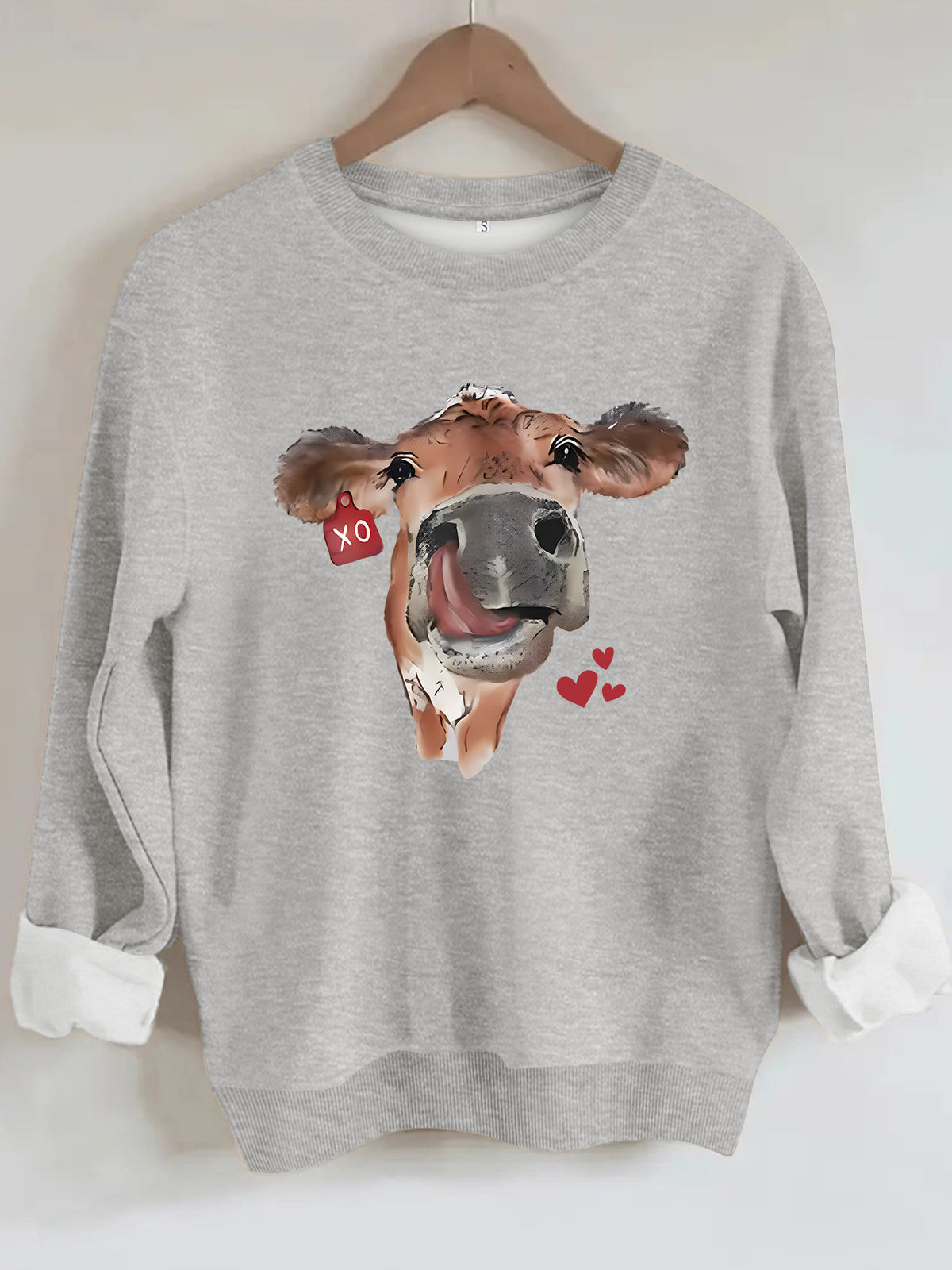 Cow and Love Printed Round Neck Velvet Hoodie