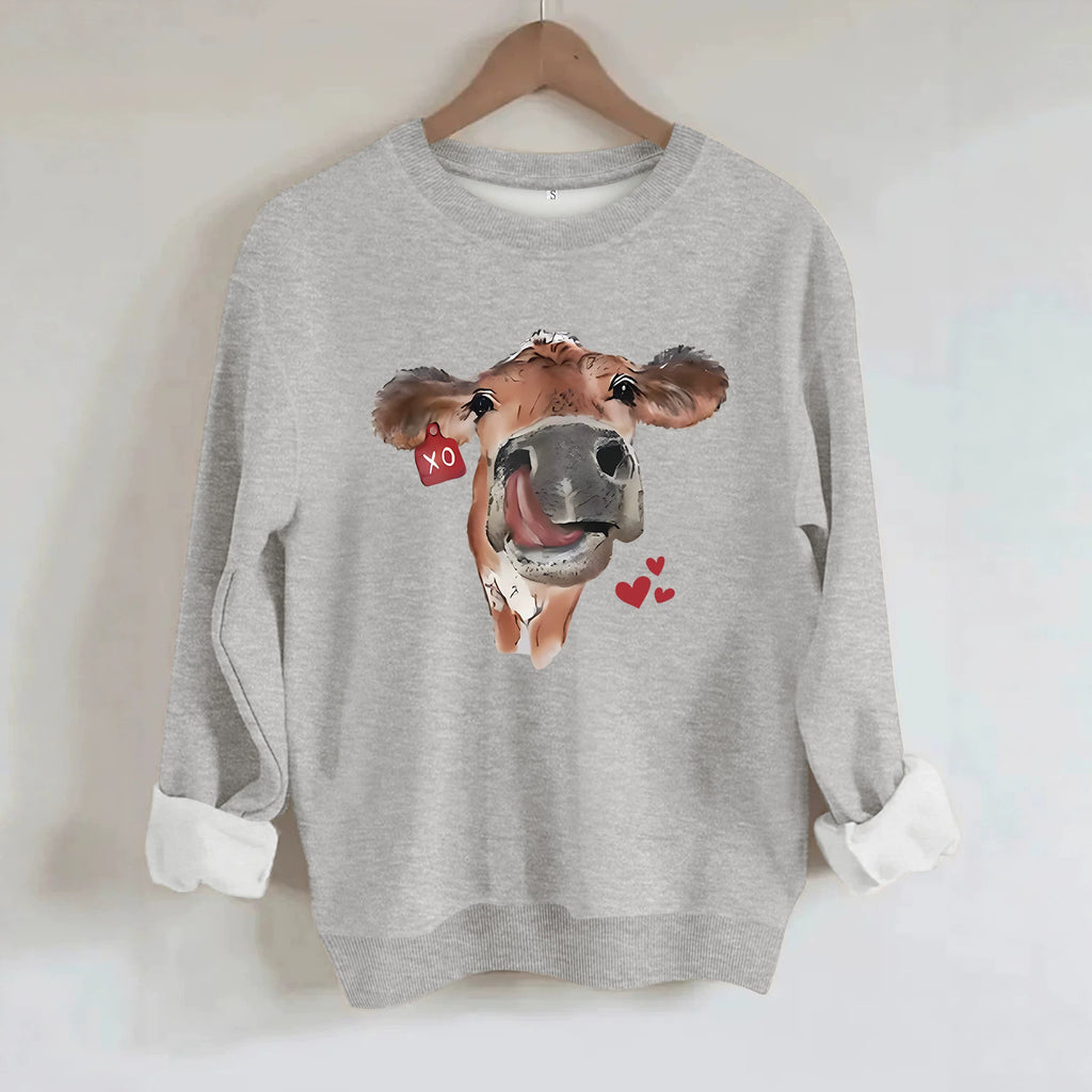 Cow and Love Printed Round Neck Velvet Hoodie