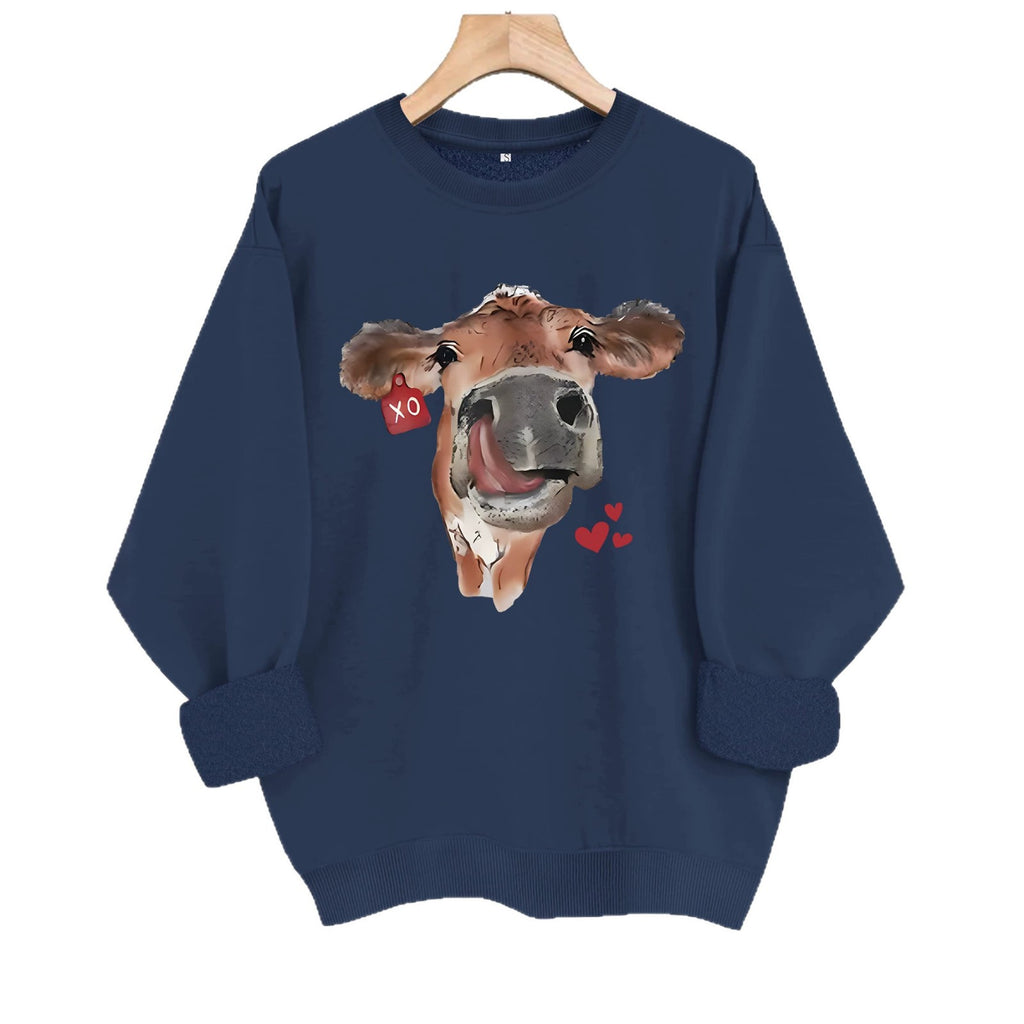 Cow and Love Printed Round Neck Velvet Hoodie