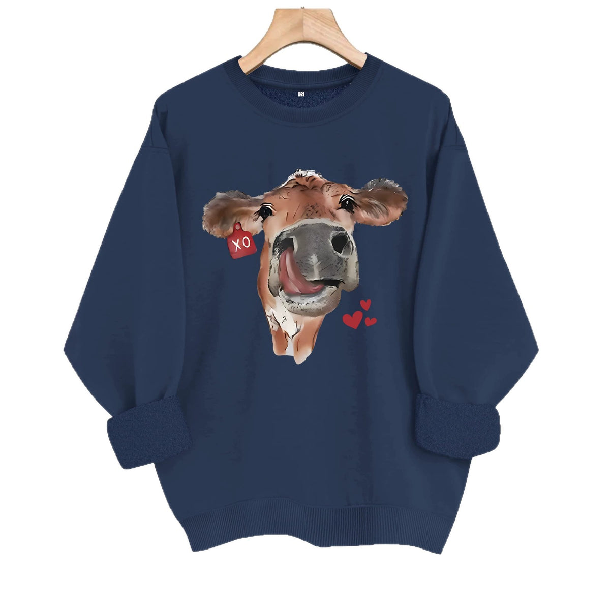 Cow and Love Printed Round Neck Velvet Hoodie