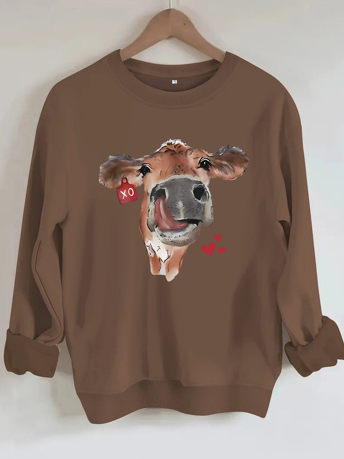 Cow and Love Printed Round Neck Velvet Hoodie